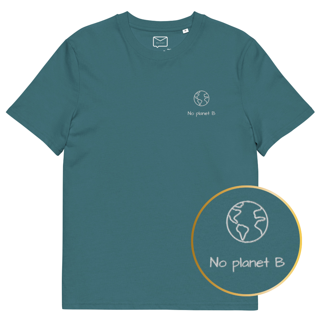 ront view of a teal short-sleeved t-shirt featuring a minimalist line drawing of planet Earth and the environmental slogan "No Planet B" in small font.