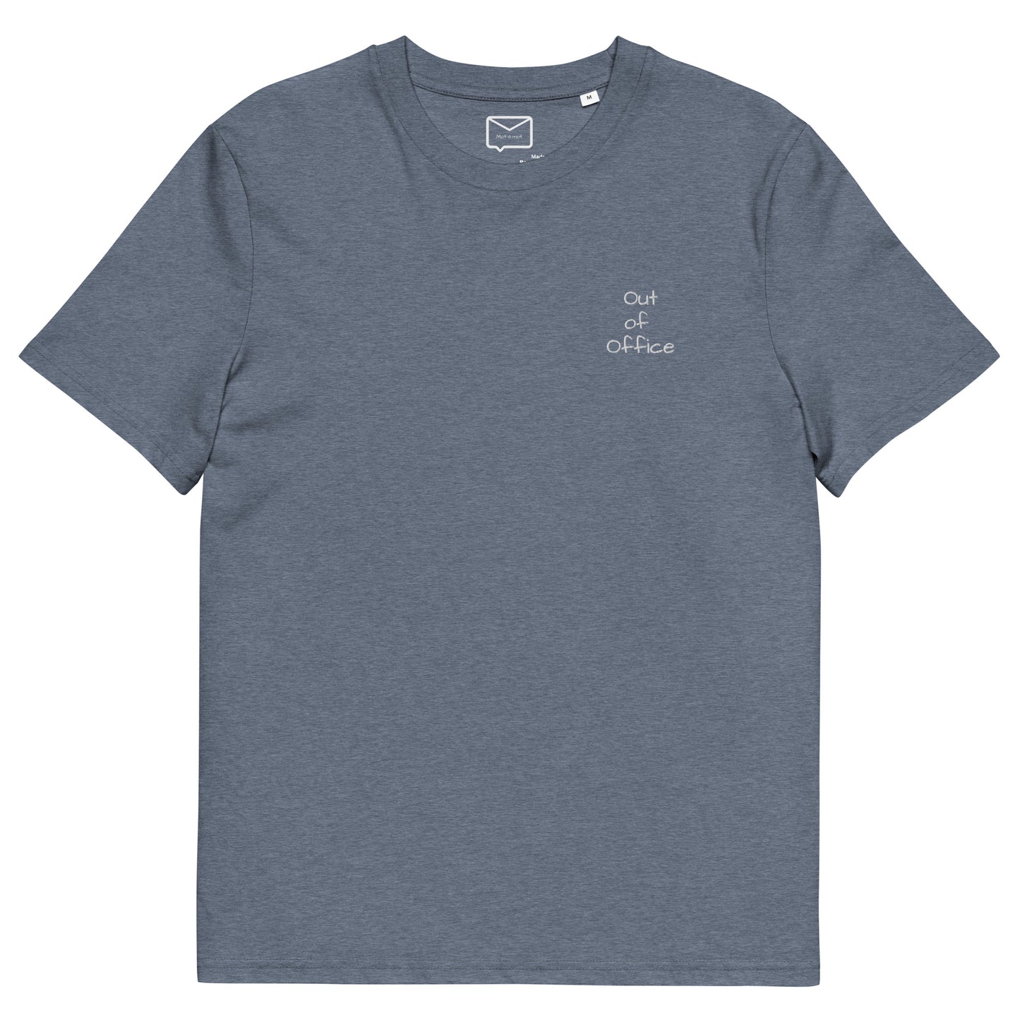 Front view of a grey short-sleeved t-shirt featuring the phrase "Out of Office" in a small, simple white font on the left side of the chest
