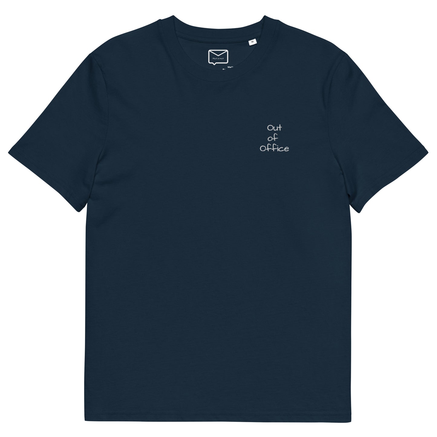 Front view of a navy blue short-sleeved t-shirt featuring the phrase "Out of Office" in a small, simple white font on the right side of the chest
