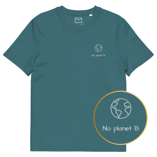 ront view of a teal short-sleeved t-shirt featuring a minimalist line drawing of planet Earth and the environmental slogan "No Planet B" in small font.