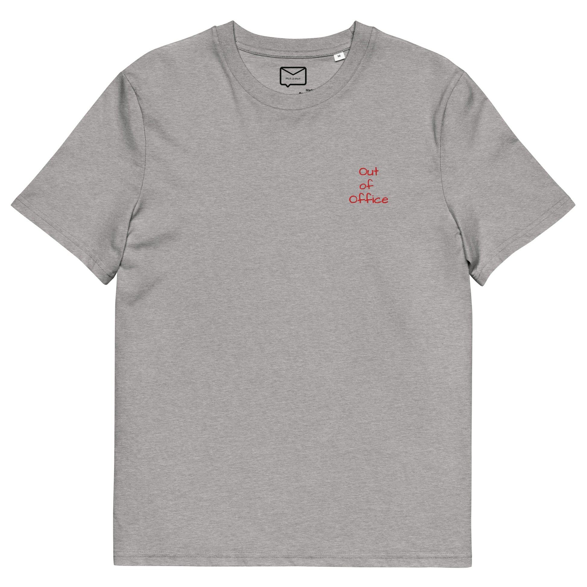 Front view of a grey short-sleeved t-shirt featuring the phrase "Limited edition 1/1" in a small, simple red font on the left side of the chest