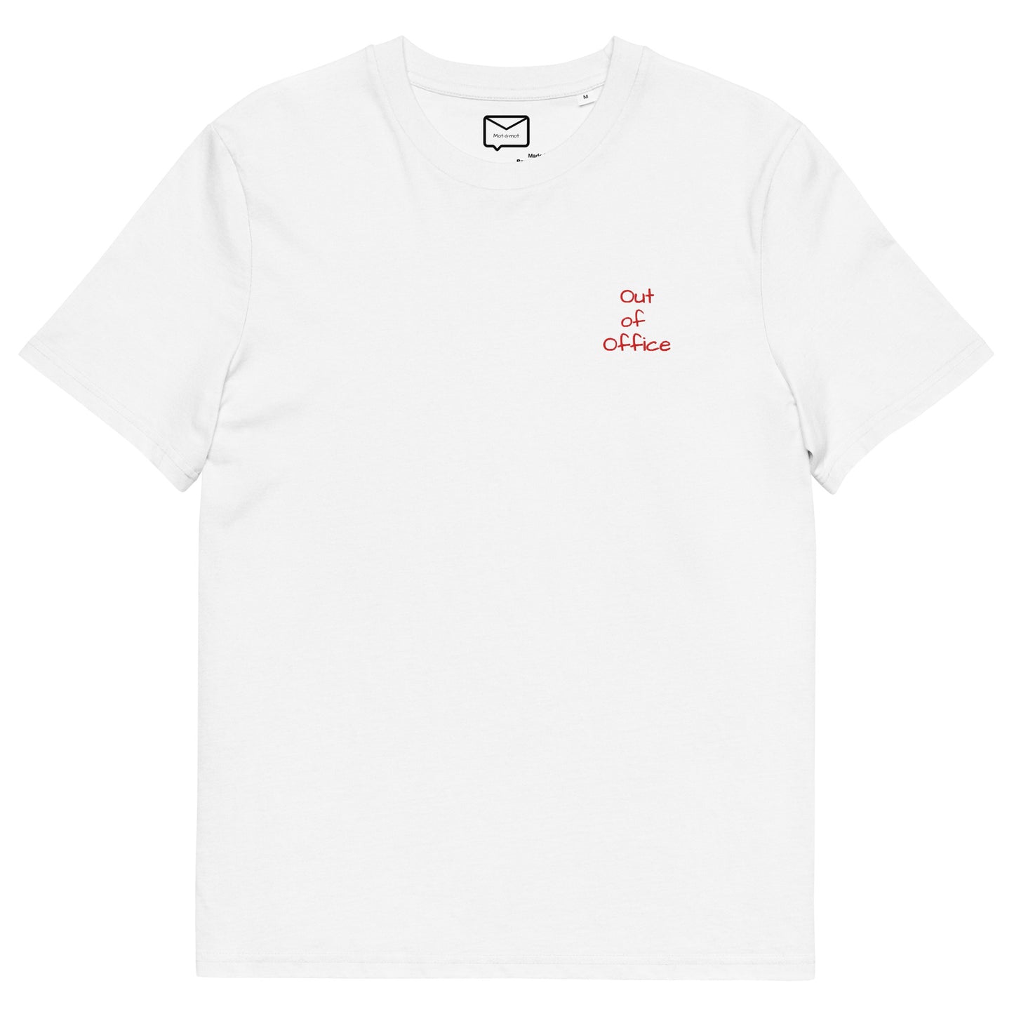 Front view of a white short-sleeved t-shirt featuring the phrase "Limited edition 1/1" in a small, simple red font on the left side of the chest