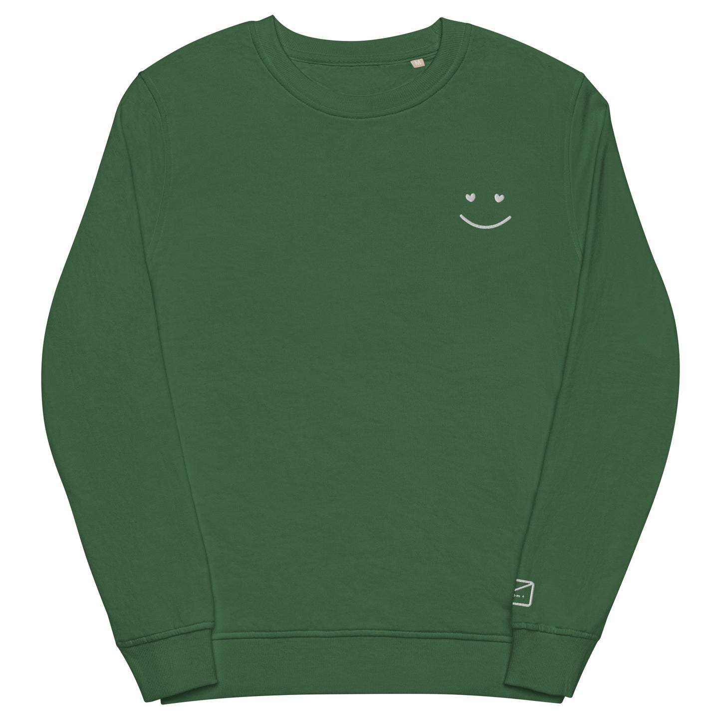Green crew neck sweatshirt featuring a small, delicate white embroidered smiley face on the left side of the chest