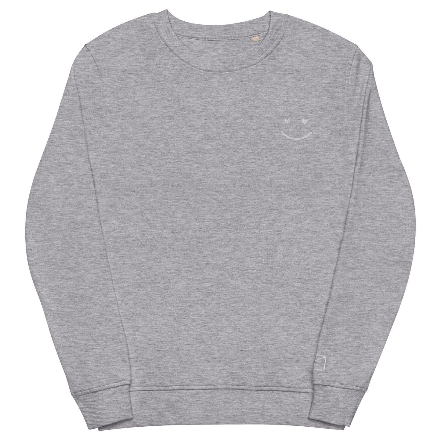 Light grey crew neck sweatshirt featuring a small, delicate white embroidered smiley face on the left side of the chest