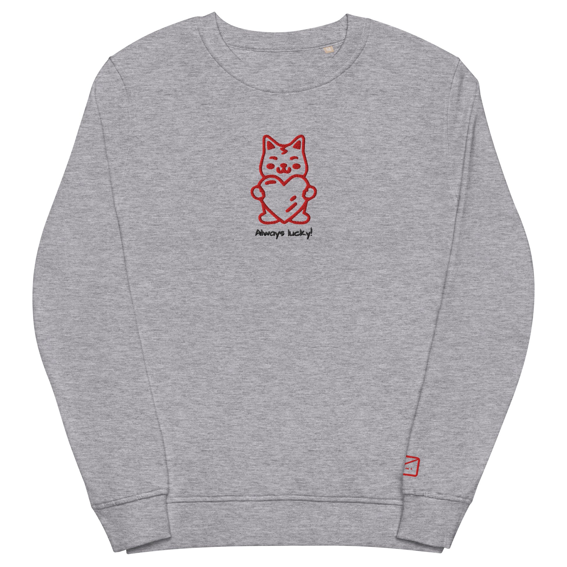Grey crew neck sweatshirt featuring a red embroidered illustration of a stylized cat holding a red heart, with the embroidered phrase "Always lucky!" in red lettering beneath.