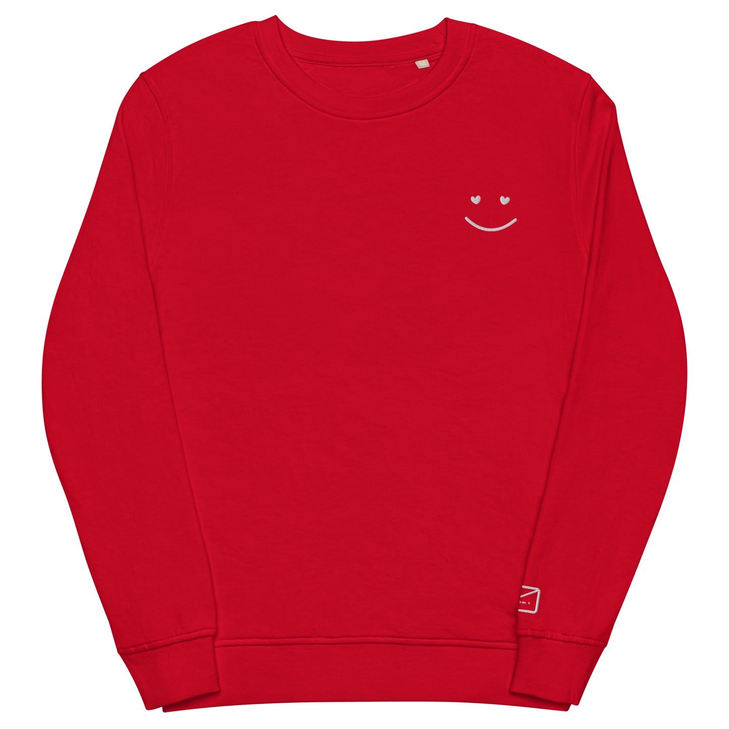 Red crew neck sweatshirt featuring a small, delicate white embroidered smiley face on the left side of the chest